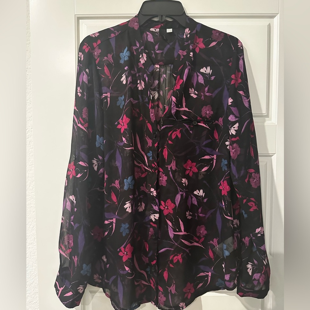 Kut from the Kloth Black Blouse with Pink, Purple & Blue Floral Print